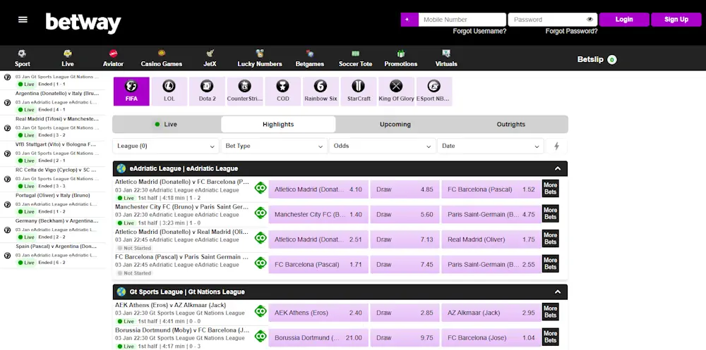 Betway Esports Betting Screenshot